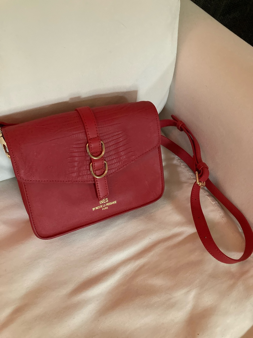 Ines de la Fressange Stylish Red Leather Crossbody Bag with Gold Accents
